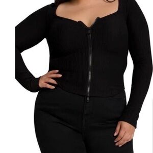 Good American Black Ribbed Zip-Front Long Sleeve Top